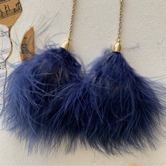 Ettika x Revolve 18K Gold Plated Chain Pom Duster Blue Drop Feather Earrings - Picture 3 of 7